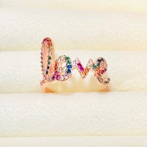 Graffiti Love Script Ring Multicolor Rainbow Pave CZs 18K Rose Gold Filled NWOT